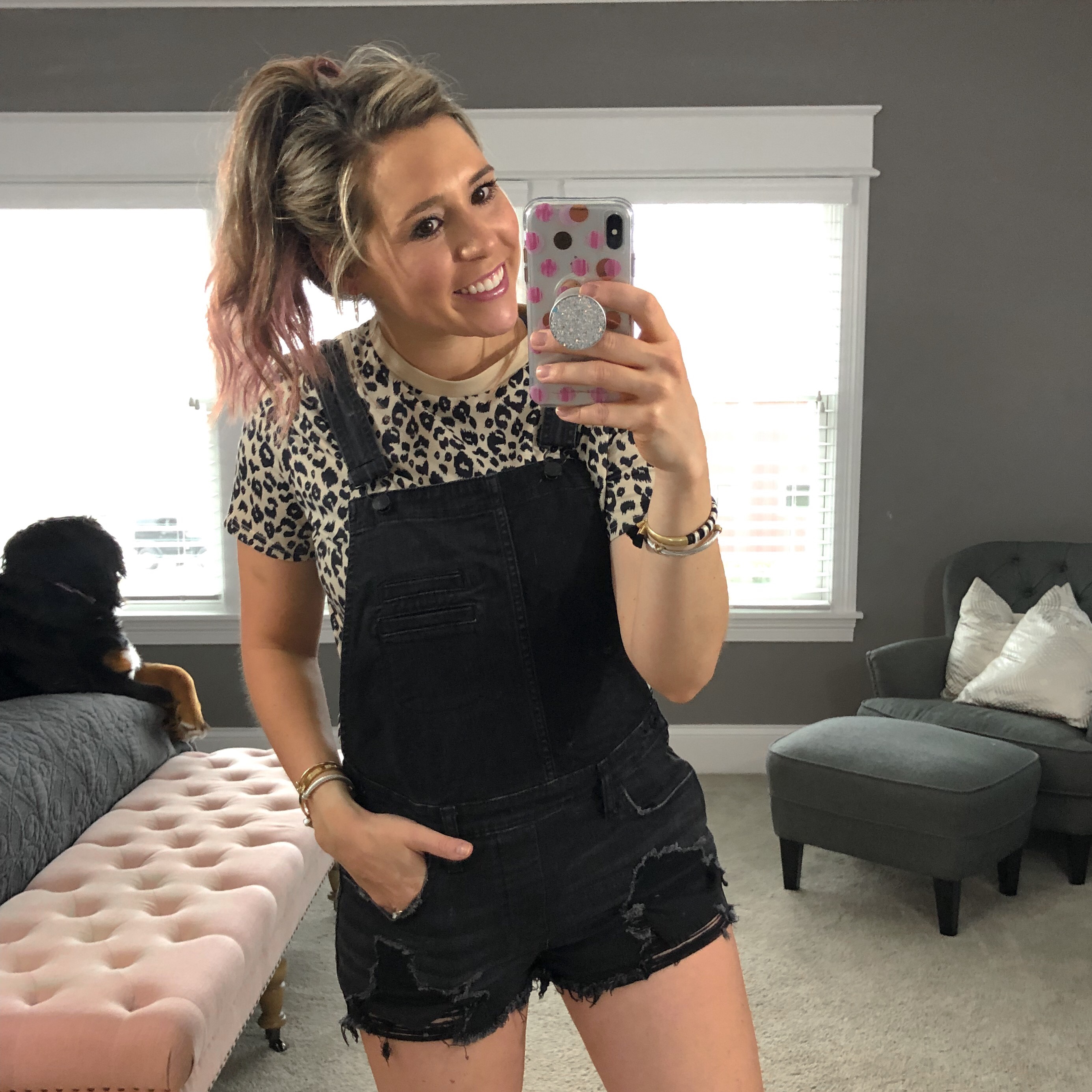 leopard tee and black overalls outfit of the day