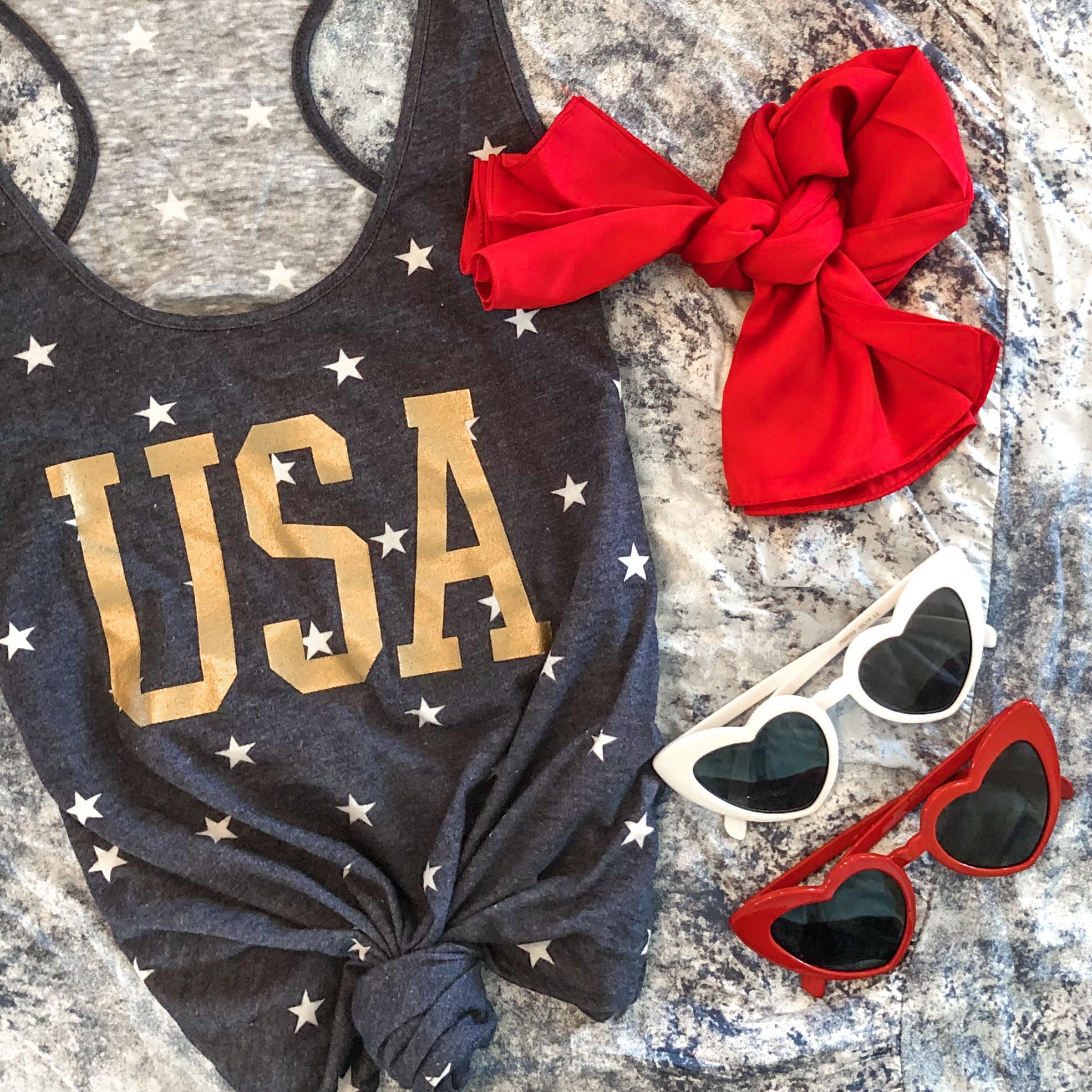 red white and blue USA patriotic tank with heart sunnies