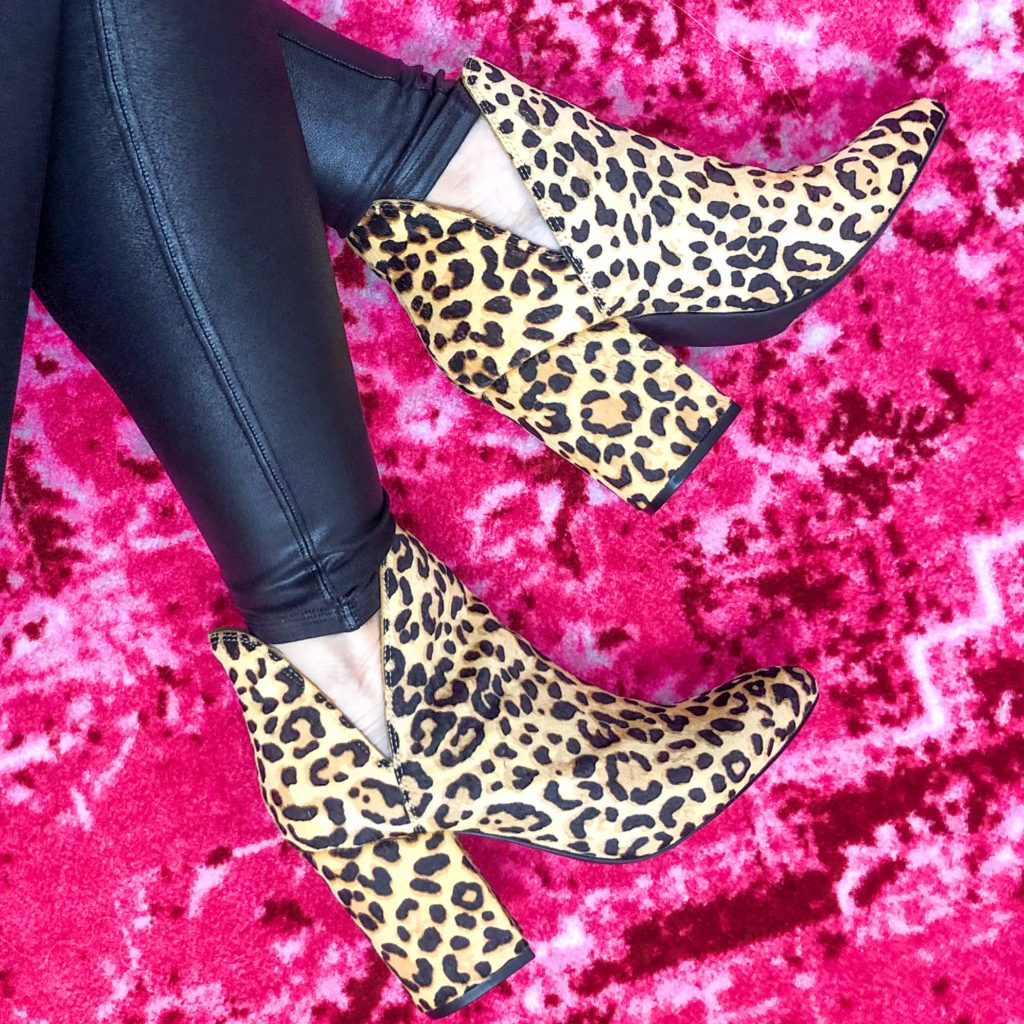 fall outfit- spanx black faux leather leggings with leopard booties
