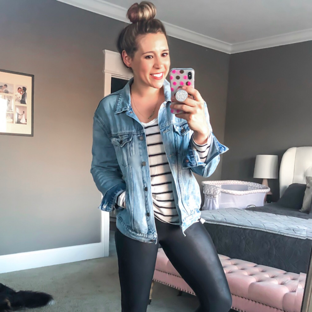 Casual fall outfit- Oversized Denim Jacket with striped long sleeve tee and faux leather leggings