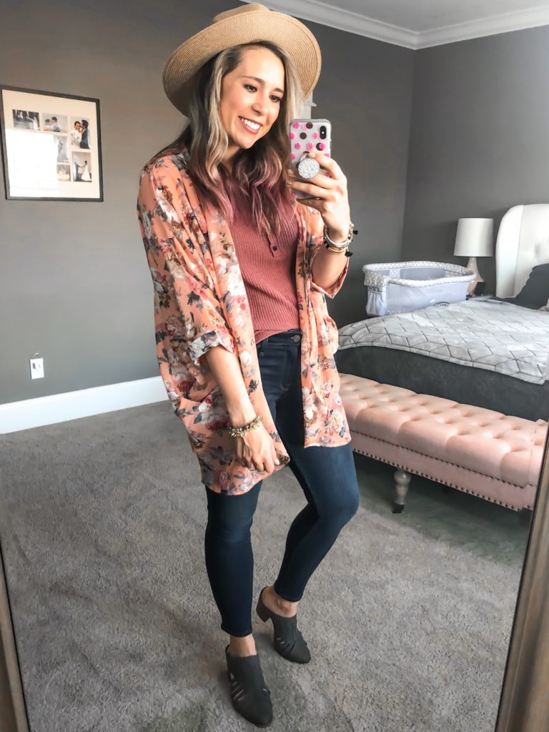 pink floral kimono, fall or summer concert look