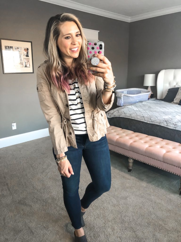 cute casual fall transition outfit- dark denim with striped tank and tan utility military style jacket and cut out mules