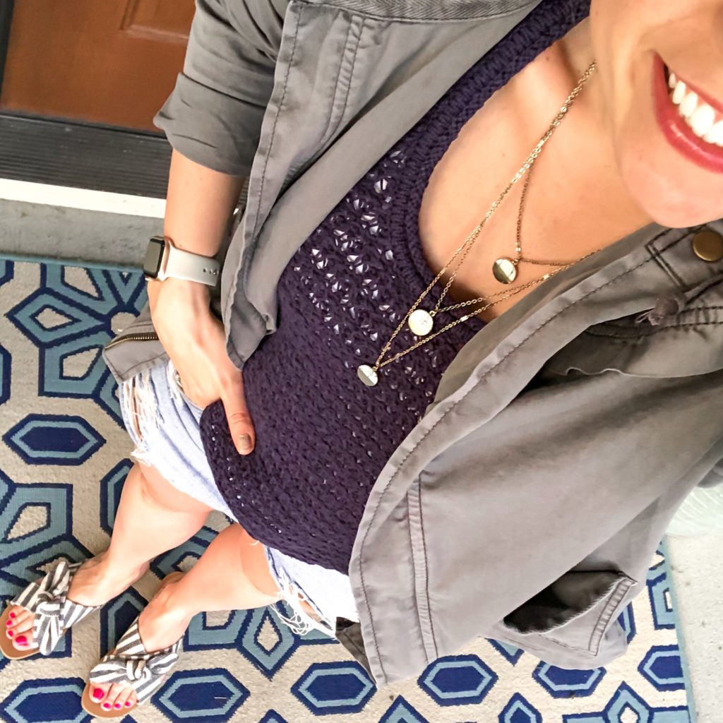 comfy casual outfit- summer blue sweater knit tank, distressed mom shorts, grey utility jacket and striped summer slides
