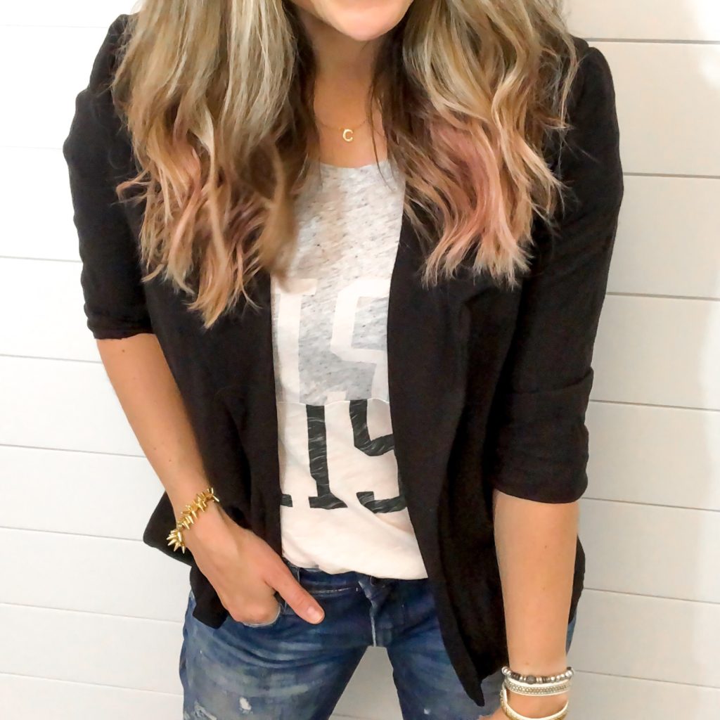 fall transition casual outfit edgy inspiration- black blazer with fun graphic tee