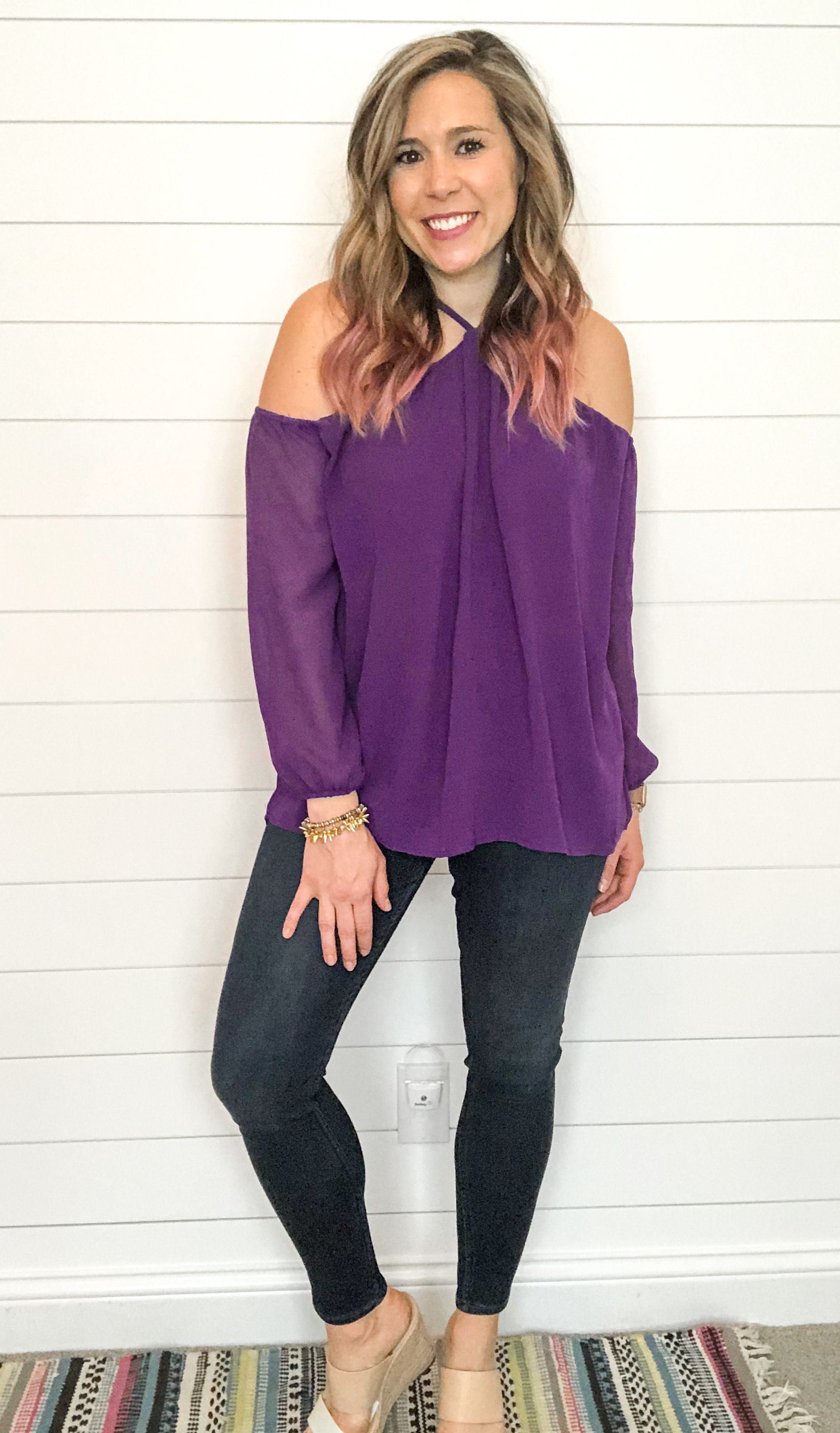 Amazon Women's Purple Off The Shoulder Halter Long Sleeve Blouse