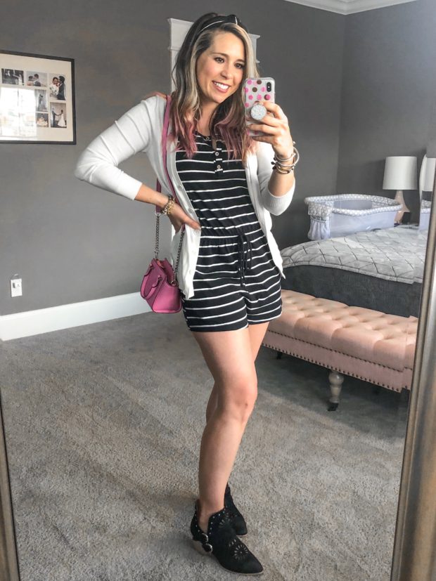 striped romper black and white booties fall